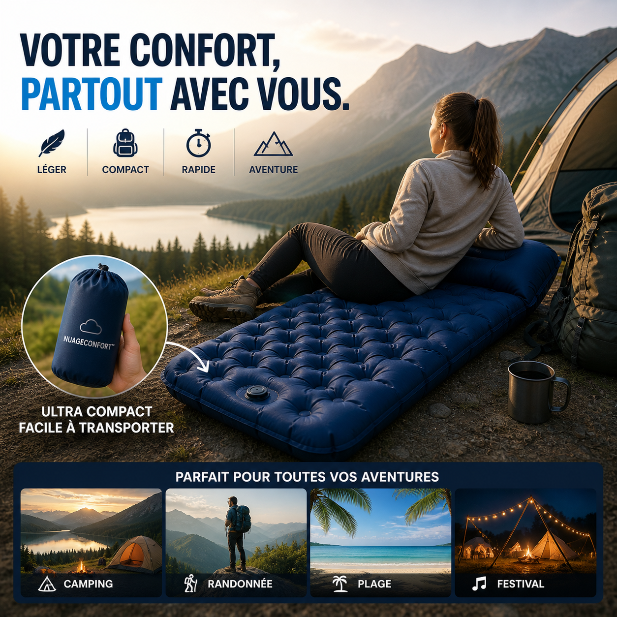 CoziaConfort – Matelas Gonflable Ultra Confort avec Pompe Intégrée